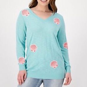 Denim & Co. French Terry V Neck Puff Print Pullover Sweatshirt Blue Small